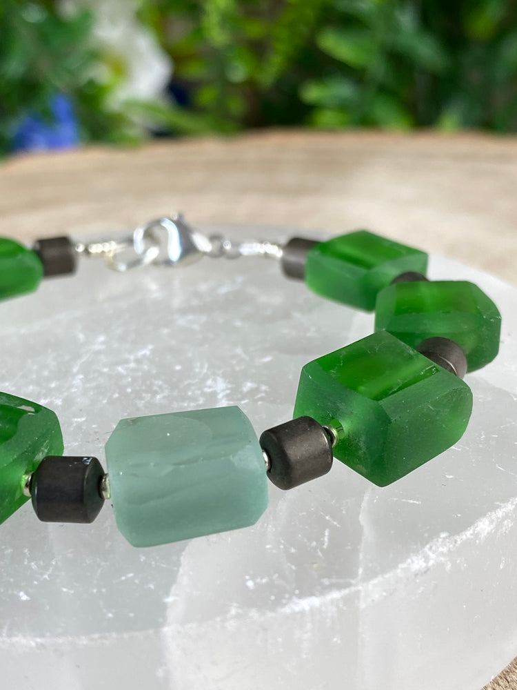 Hematite and Thames Sea Glass Bracelet