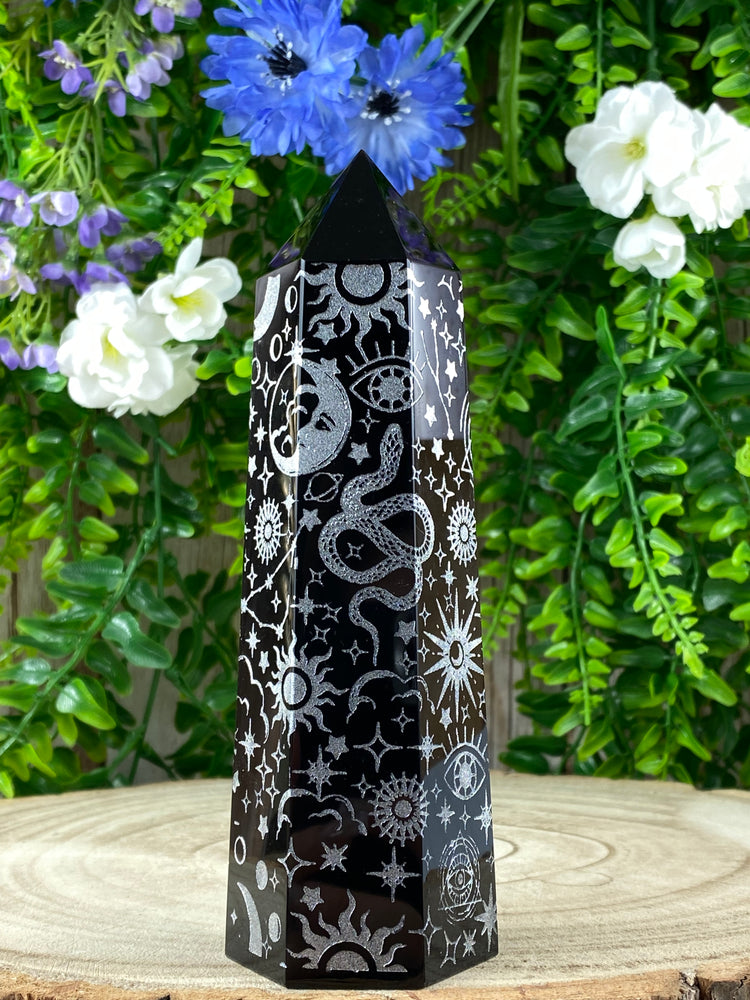 Black Obsidian Tower with Celestial Carvings