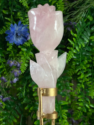 Rose Quartz Rose Carving On Stand