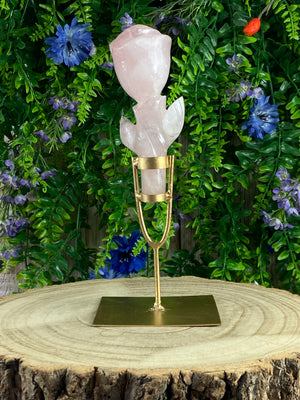 Rose Quartz Rose Carving On Stand