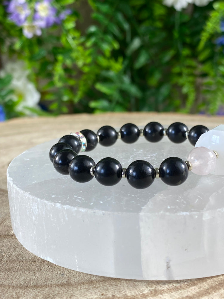 Snow Quartz, Rose Quartz And Shungite Bracelet