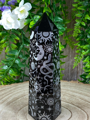 Black Obsidian Tower with Celestial Carvings