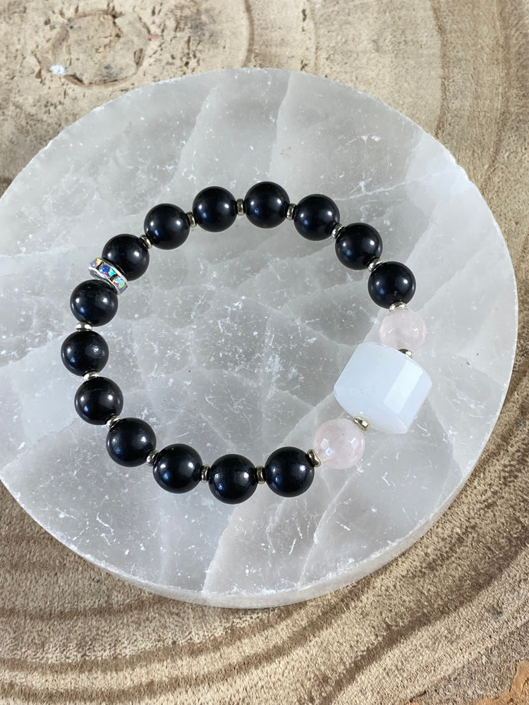 Snow Quartz, Rose Quartz And Shungite Bracelet