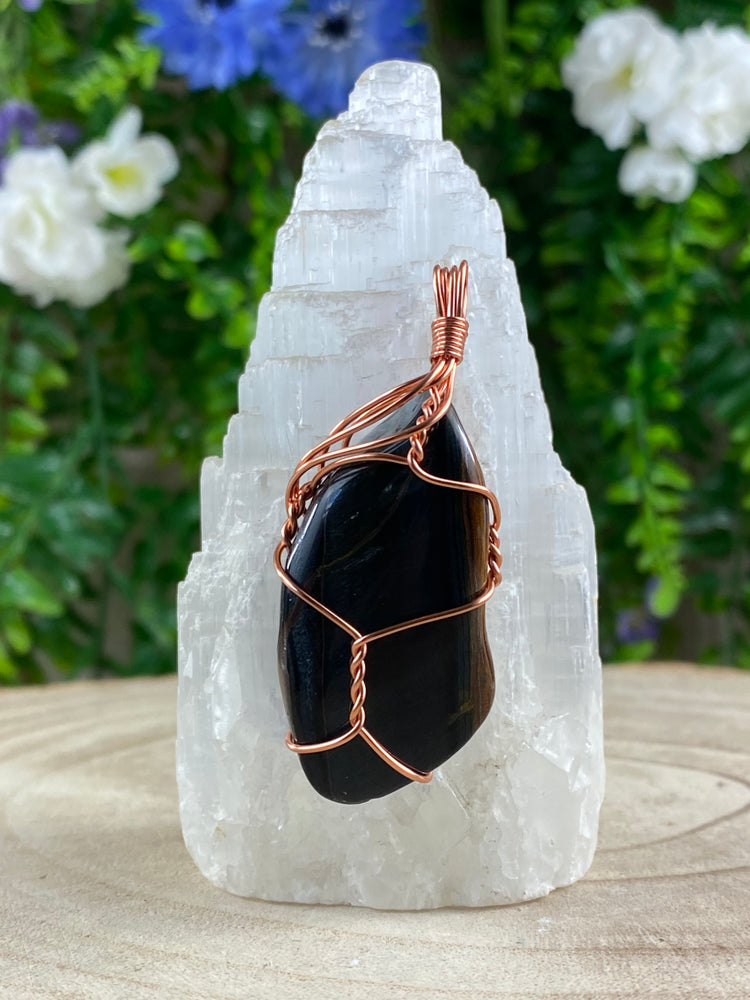 Blue Tigers Eye Wire Wrapped Pendant
