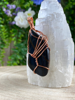 Blue Tigers Eye Wire Wrapped Pendant
