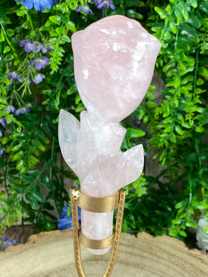 Rose Quartz Rose Carving On Stand