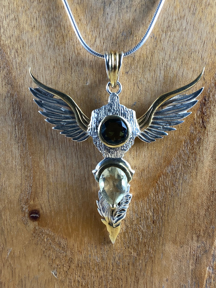Wings of Awakening Pendant With Moldavite And Libyan Gold Tektite