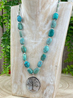 Sleeping Beauty Turquoise Necklace with Silver Tree of Life Pendant