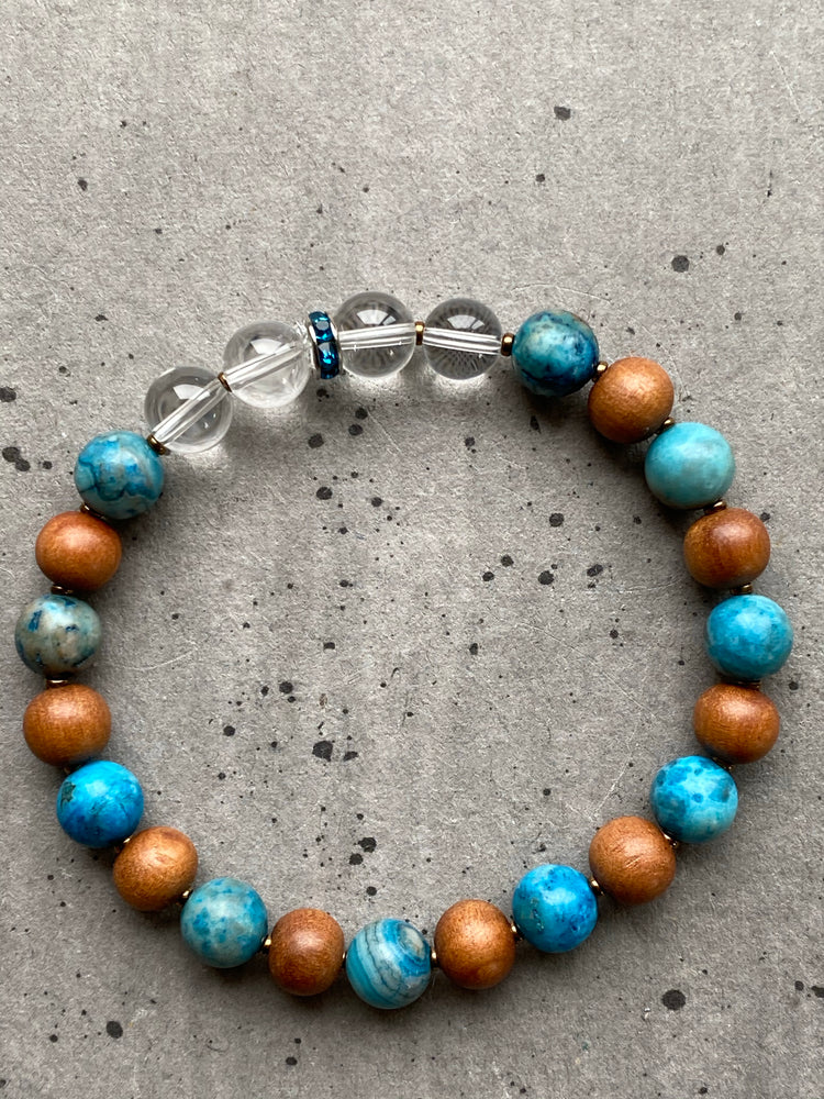 Blue Agate (dyed), Rock Crystal & Indian Sandalwood Bracelet